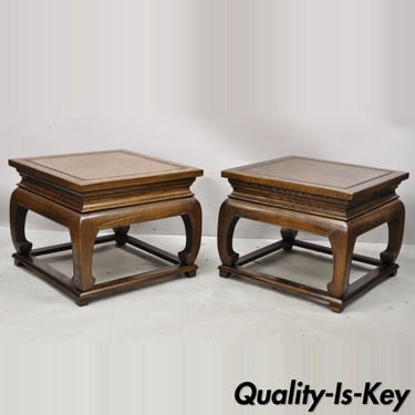 Pair Vintage Chinoiserie Style Burl Wood Ming Style Low Pedestal Side End Tables