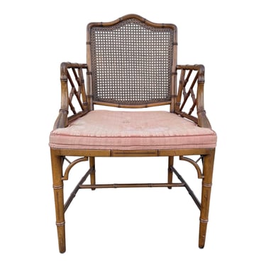 Vintage Chinese Chippendale Arm Chair - Faux Bamboo, Rattan Cane Back, Brown Wood, Hollywood Regency Chinoiserie Fretwork 
