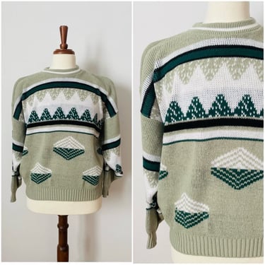 Vintage Town Craft / Pull Over / 1980s / Geometric / Light Green / Dark Green / Unisex / FREE SHIPPING 