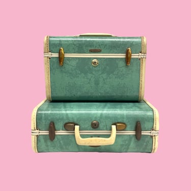 Vintage Samsonite Luggage Retro 1950s Mid Century Modern + Marble Turquoise Green + Hard Case + Set of 2 + Train Case + Suitcase + MCM 