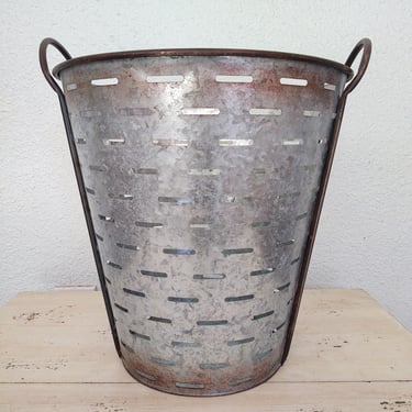 Large 13" Tall Vintage Rustic Slatted Tin Pail Bucket Wash Bin with Iron Details 