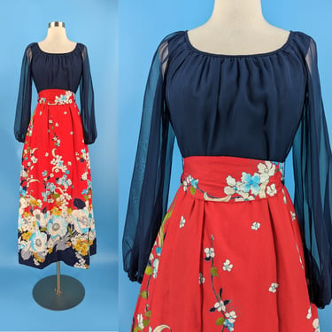 Seventies Miss Elliette XXS Maxi Dress - Sheer Sleeve Floral Boarder Print Belted 70s Dress 