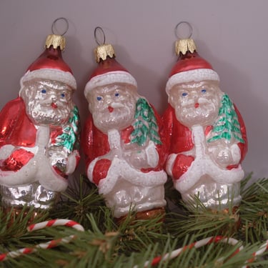 Three Vintage Santa Claus Figural Glass Christmas Ornaments. West Germany 