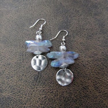 Raw quartz crystal earrings, iridescent 