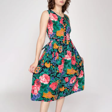 Sm-Med 80s Floral Fit & Flare Pinafore Sundress | Vintage Sleeveless Button Front Pocket Midi Dress 