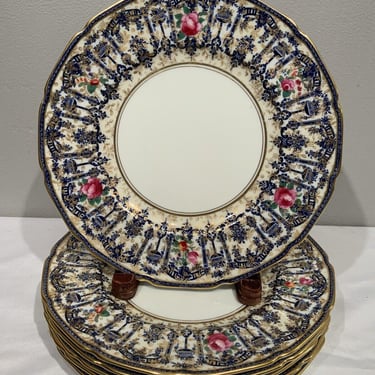 6 Elaborate Cobalt Blue Panels Gold Floral Dinner Plates Royal Doulton, country cottage tableware, 1920s plate sets, elegant tableware 