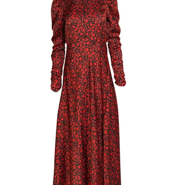 Maje - Black & Red Floral Print Satin Ruched Long Sleeve Dress Sz M