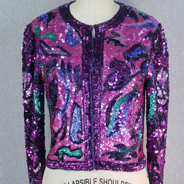 1980s 1990s - Hot Pink Sequin Jacket - Cropped Beaded Jacket - Trophy Jacket - Cocktail Party 