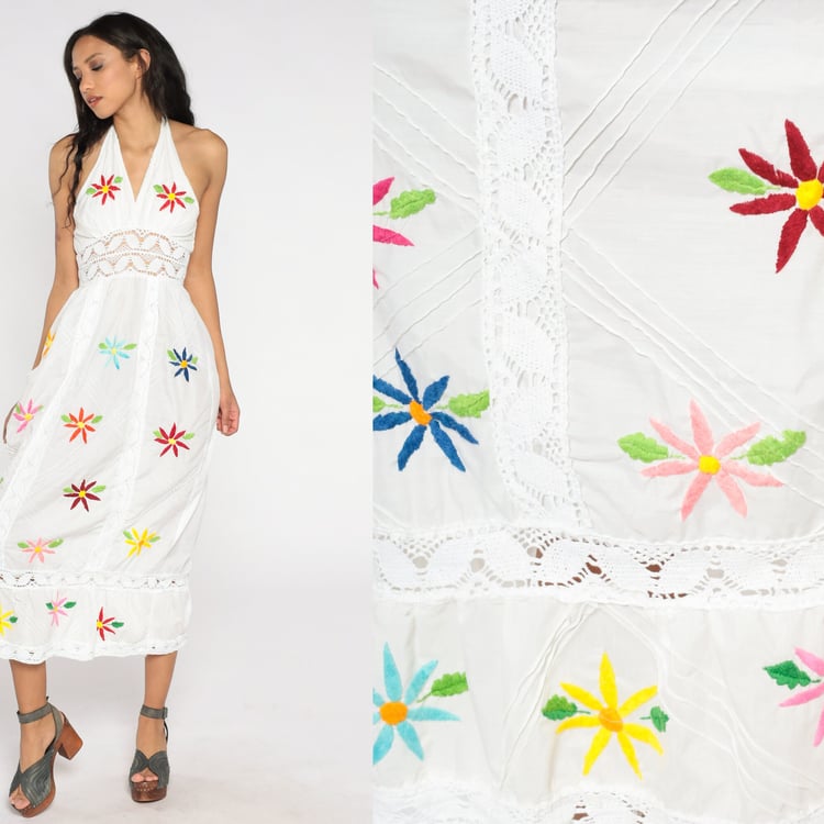 Mexican Halter Dress White EMBROIDERED Floral Day Dress 70 | Shop Exile -  Tucson, AZ | ATTIC