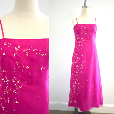 1990s Ann Taylor Pink Silk Embroidered and Beaded Dress 