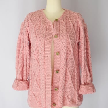 Classic Irish Wool Cable Knit Cardi in Dusky Pink | XS/S 