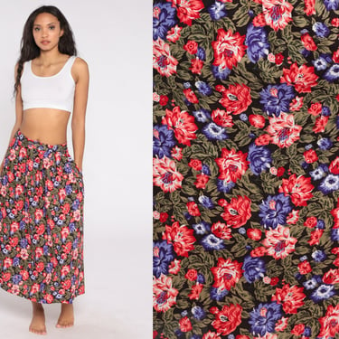 80s Floral Skirt Pleated Skirt 90s Maxi Ankle Length Skirt Flowy Rayon Skirt Grunge Boho 1990s Long Vintage Hippie 1980s Red Purple Medium 