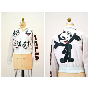 Vintage White Leather Jacket with Felix the Cat | Hooked on Honey