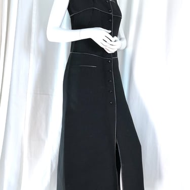 1960s COURREGES Haute Couture, 70s Black Minimalist Maxi Dress, 60s Pierre Cardin Era, 1970s Documented Couture, Leather Trimmed Knit Midi 