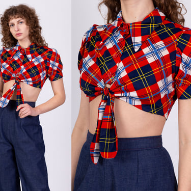 70s Does 30s Red Plaid Tie Front Crop Top - Small to Medium | Vintage 1930s Style Button Up Collared Short Sleeve Shirt 