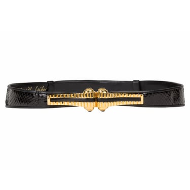 Judith Leiber 1980s Vintage Gold Spiral Buckle Black Snakeskin Adjustable Belt Sz XS S 