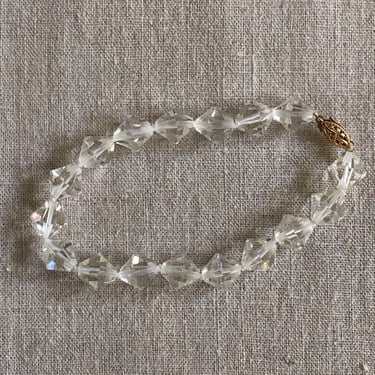 Vintage crystal bracelet / vintage faceted cut crystal bead beaded knotted bracelet with 14k gold clasp 