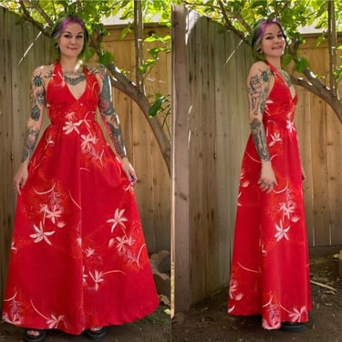 1970’s Red Halter Maxi Dress Made In Honolulu Retro 70s 