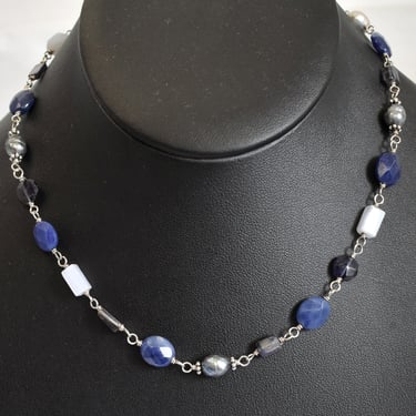 70's iolite banded agate peacock white & grey pearl 925 silver necklace, beaded sterling hippie choker 