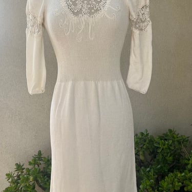 Vintage 70s white Santana knit dress lace inserts Sz Small by Ruth Chagnon Delray Beach, Fl 