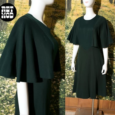 Boho Vintage 70s Dark Green Knit Capelet Dress by Joshua Tree 