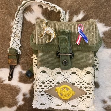 Hand crafted Vintage Army Canteen lace purse with vintage military patches and pins 