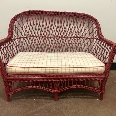Childs Wicker Bench with Red &amp; White Checked Cushion