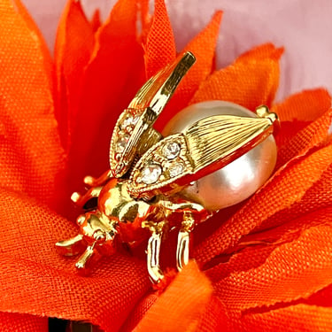 Vintage Insect Brooch, Beetle Bug Pin, Sculptural Brooch, Faux Pearl Cabochon, Rhinestones 