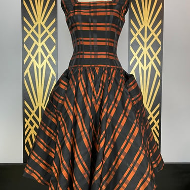Vintage 50s dress, fit and flare, 1950s dress, black and orange, full skirt, plaid dress, small, dress with pockets, 27 waist, mrs maisel 