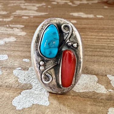 STEPPING STONES Vintage Handmade Men's Ring Sterling Silver, Turquoise, Coral | Native American Navajo Southwestern Jewelry | Size 9 1/2 