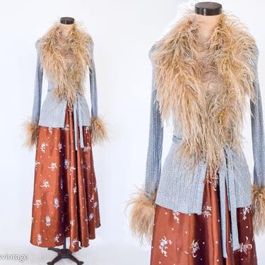 1990s Silver Knit Evening Cardigan | Ostrich Feather Trim Cardigan | 1990s Brown Satin Maxi Skirt  | Art Dressing 