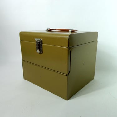 Mid Century 8mm Movie Film Reel Storage Case Gold Metal Utility File Box Vintage Steel Hinged Storage Chest Portable Industrial Metal Bin 