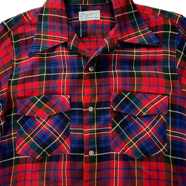 Vintage 1940s/1950s Wool Flannel Sport Shirt ~ S to M ~ Plaid ~ Flap Pockets ~ Loop / Camp Collar ~ California 