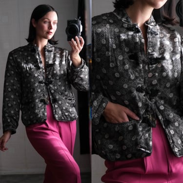 Vintage 90s MOSCHINO Cheap and Chic Silver & Black Silky Satin Floral Asian Inspired Cropped Puff Jacket Made in Italy | 1990s Designer Coat 