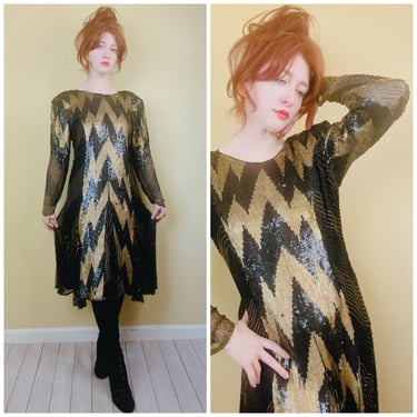 1980s Vintage Ikohe Black and Gold Silk Fully Beaded Dress / 80s / Eightites Sequin Zig Zag Chainmail Sheer Panel Gown / Size Large - XL 