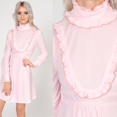 70s Babydoll Dress Baby Pink Mini Dress Mod Ruffle Bib Empire Waist High Neck Dolly Long Puff Sleeve Victorian Vintage 1970s Extra Small xs 