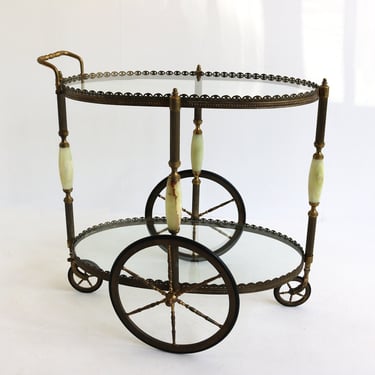 Oval Bar Cart Trolley Cocktail Entertainment Beverages Tea Cart Hollywood Regency Brass Glass Serving Cart Marble Attributed Maison Jansen 