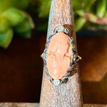 Antique Carved Coral Cameo Ring Silver Tone Pink Stone Retro Fashion Jewelry 