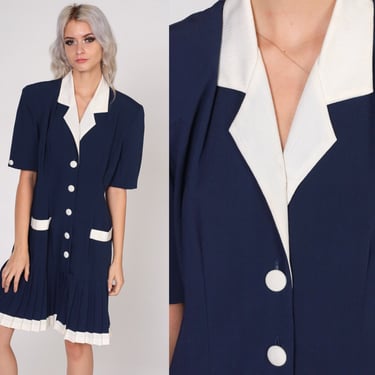 Navy Blue Preppy Dress 80s Button up Mini Dress Low Drop Waist Pleated Collared Short Sleeve Shirtdress Secretary Vintage 1980s Medium M 