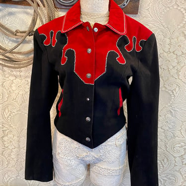 Vintage western Red Suede and Black Denim Studded Jacket women’s size 8 