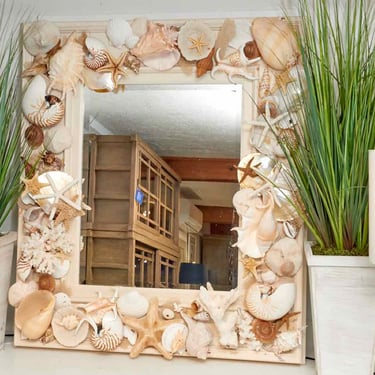 Cream Finished Frame Adorned With Tropical  Sea Shells Mirror
