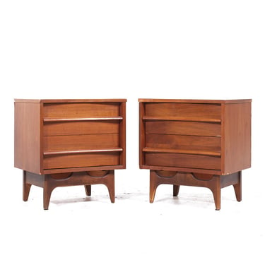 Young Manufacturing Mid Century Walnut Curved Front Nightstands - Pair - mcm 