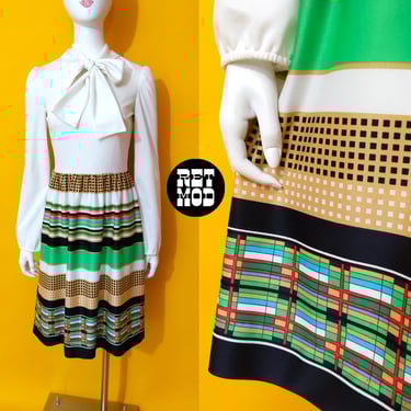 Smart Vintage 70s White Green Black Geometric Fit & Flare Pussybow Dress 