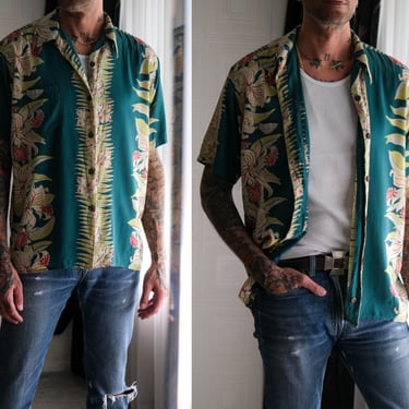 Vintage Avanti Original 50s Style Green Hawaiian Leaf Print Silk Loop Collar Shirt | 100% Silk | Y2K Does 1950s Designer Hawaiian Silk Shirt 