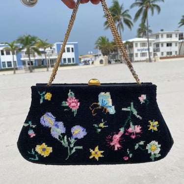 Vintage Crochet Purse Black Floral Print Bag with Chain Strap 