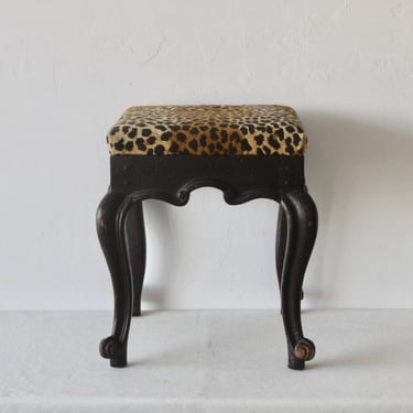 George III Style Black Carved Wood Leopard Needlepoint Padded Seat Large Square Stool 