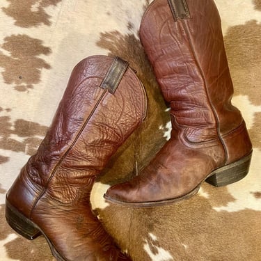 Vintage Brown Leather Justin Cowboy Boots men display picture 1