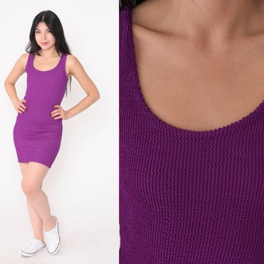 Purple Mini Dress 90s Ribbed Tank Dress Bodycon Sleeveless Tight Fitted Stretchy Basic Plain Summer Party Simple Vintage 1990s Small Medium 
