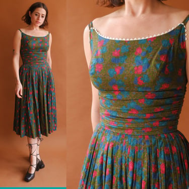 Vintage 50s Cotton Floral Summer Dress/ 1950s Dark Floral Scoop Neck Spaghetti Strap Dress/ Size XS 24 