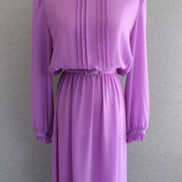 1970s - Lilac - Lavender - Purple - Elastic Waist - Party Dress - Wedding Guest - Easter - Dacron Polyester 